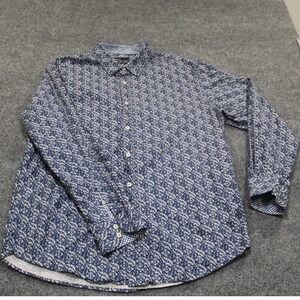 QUIETI Mens XXL Long Sleeve Button Down Shirt Blue White Floral Print 100%Cotton